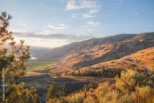Vászonkép Sunset golden light over of the Okanagan valley vineyards and orchards in Osoyoos, B