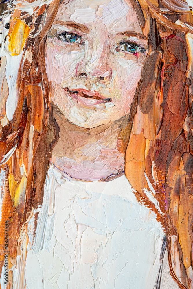 Fragment of artwork..Beautiful girl, young forest nymph with gorgeous red hair. Oil painting on canvas, illustration.
