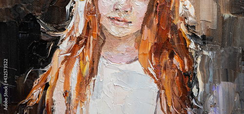 Fototapeta Naklejka Na Ścianę i Meble -  Fragment of artwork..Beautiful girl, young forest nymph with gorgeous red hair. Oil painting on canvas, illustration.
