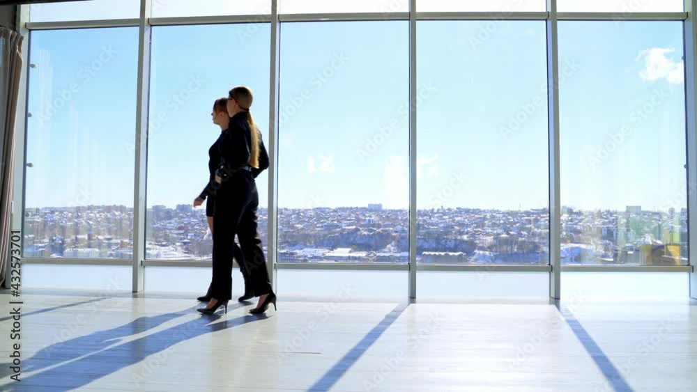 Beautiful young women walking in business center. Business women wearing elegant black talking in the light office with large windows with city landscape. Beautiful young women walking in business center. Business women wearing elegant black talking in the light office with large windows with city landscape.