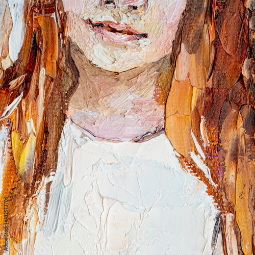 Fototapeta Naklejka Na Ścianę i Meble -  Art painting. Pink female lips. Fragment of portrait of a girl with brown hair is made in a classic style. .