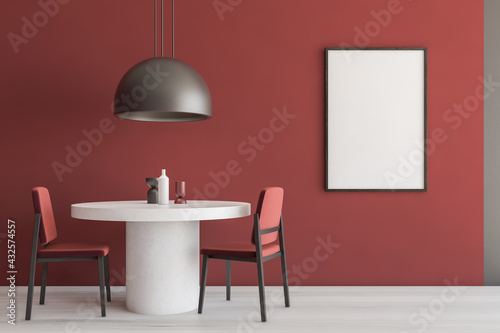 Red eating room interior with chairs and table, big lamp and mockup poster © ImageFlow