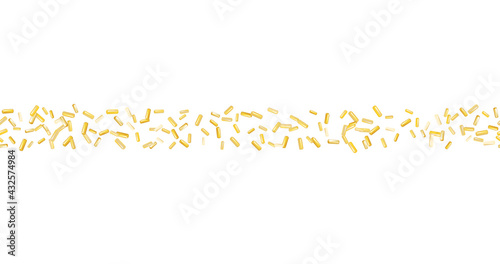 Sprinkle with grains of desserts. Abstract pattern with realistic gold sweet grains on white background. Design for holiday designs, party, birthday, invitation. Vector 3d sweet confetti