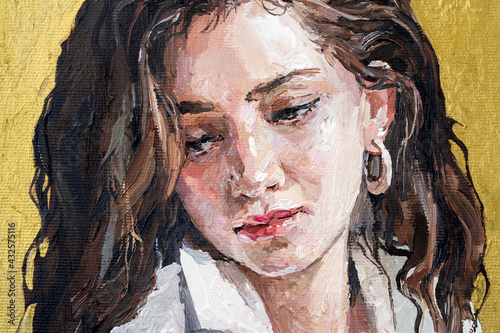 Fototapeta Naklejka Na Ścianę i Meble -  .Portrait of a girl on a gold background. Woman in a white shirt with dark hair. Oil painting on canvas.