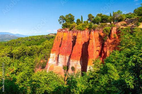 Roussillon, red rocks of Colorado colorful ochre canyon in Provence, landscape of France photo