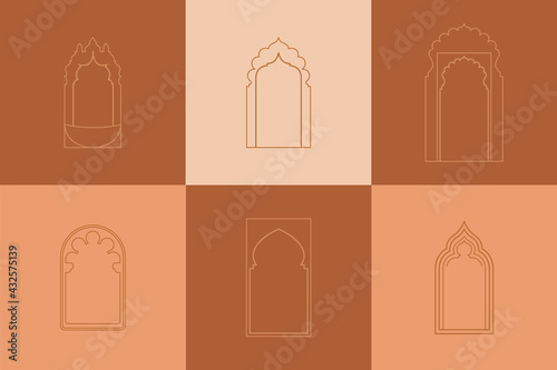 Vector arched elements, different window in linear style for logos, emblems, badges, in moroccan style.  photo