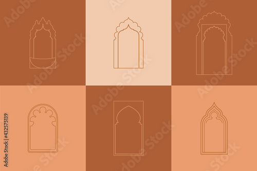 Vector arched elements, different window in linear style for logos, emblems, badges, in moroccan style. 