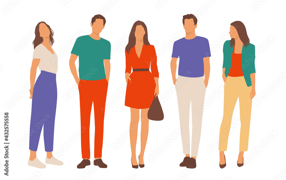 Obraz premium Set of young men and women, different colors, cartoon character, group of silhouettes of standing business people, students, the design concept of flat icon, isolated on white background