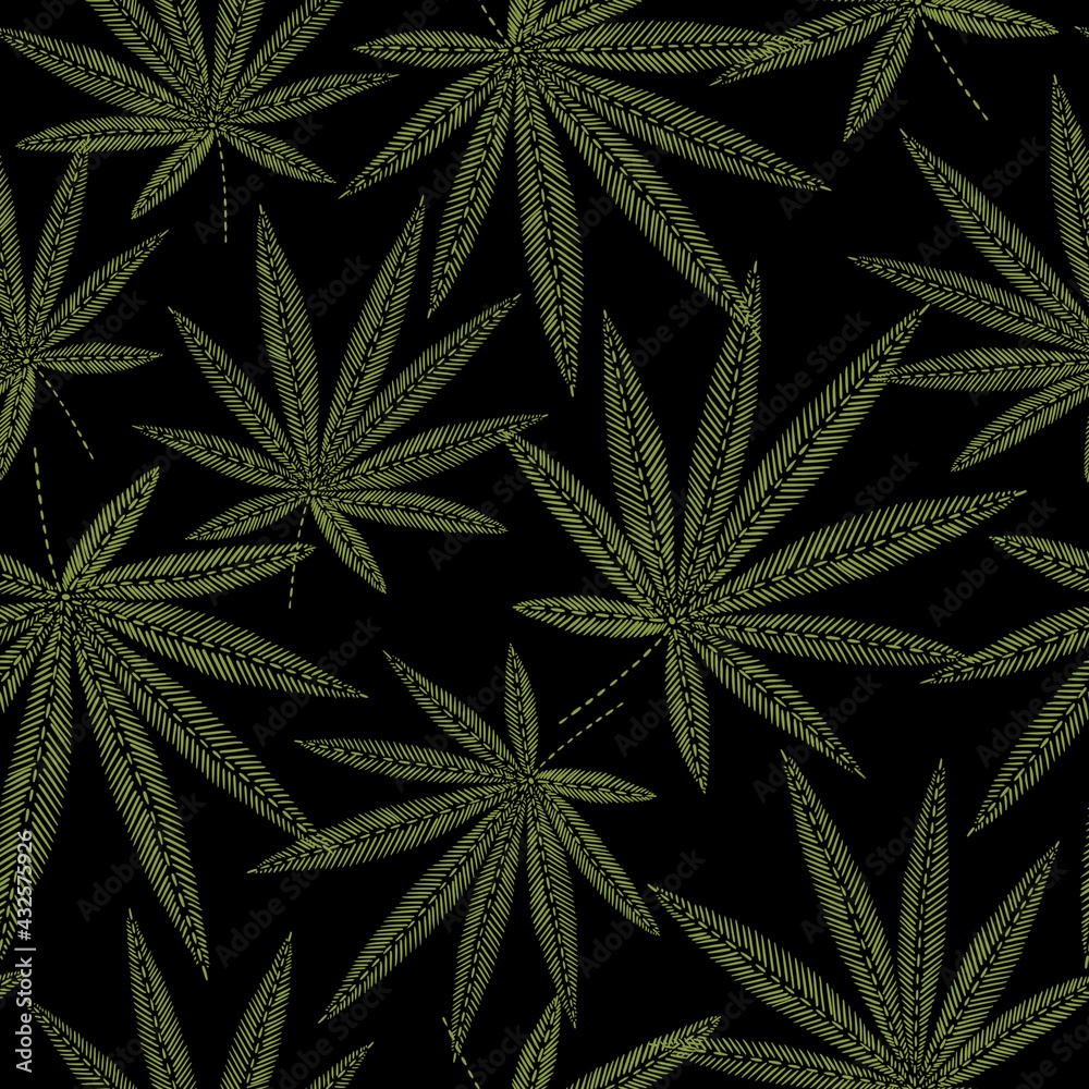 Seamless pattern with green embroidered cannabis leaves on black background. Seamless pattern with green embroidered cannabis leaves on black background.