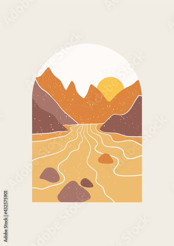 Abstract Landscape vector illustration. Minimal wall art decor, Digital nature Art. Mid Century Modern print of national park with river and mountains.