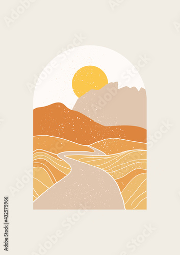 Abstract Landscape vector illustration. Minimal wall art decor, Digital nature Art. Mid Century Modern print of desert road with mountains.