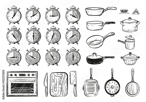 Vector illustration of a food preparation time. Sketch set of kitchen utensils. Vintage hand drawn style. Stopwatch.