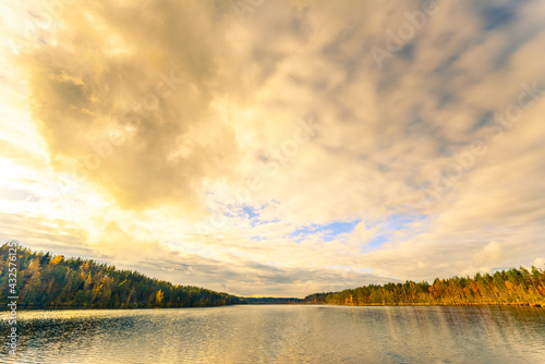 Evening on a forest lake. View from the shore level