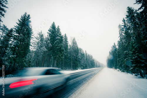 The car goes along the winter road during the snowfall passing through the spruce forest. View from the side of the road, image in the blue toning © Georgii Shipin