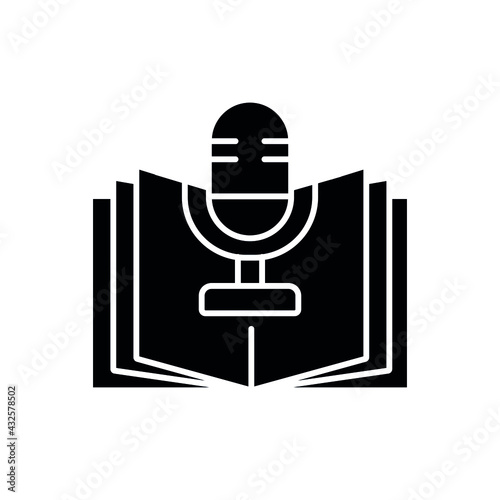 Microphone and book glyph icon. Podcast. Vector isolated black illustration.
