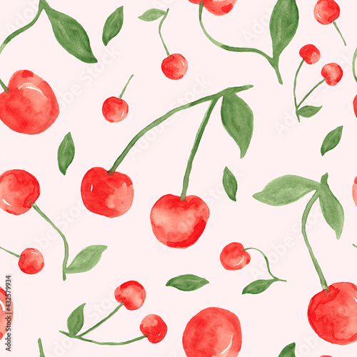 Red cherry berries - seamless pattern, watercolor painting isolated on light pink background