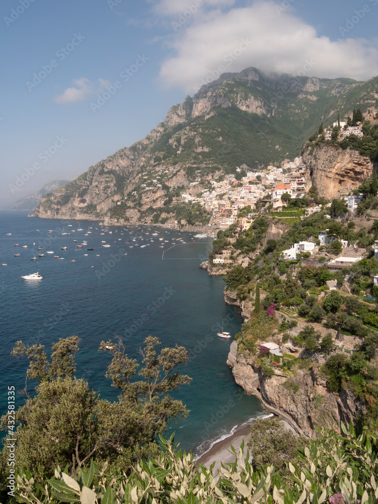 long shot of positano on the amalfi coast on a summer day