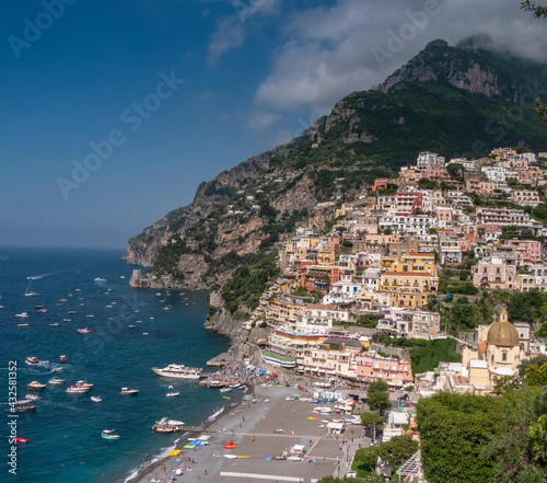 positano village and beach on the amalfi coast on a summer's day