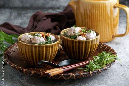Bakso or baso is an Indonesian meatball soup, made а beef and chicken photo