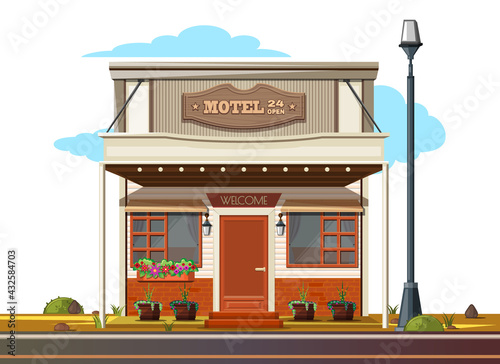 Small cozy motel by the side of the road. Motel 24 open. Vector illustration isolated on white
