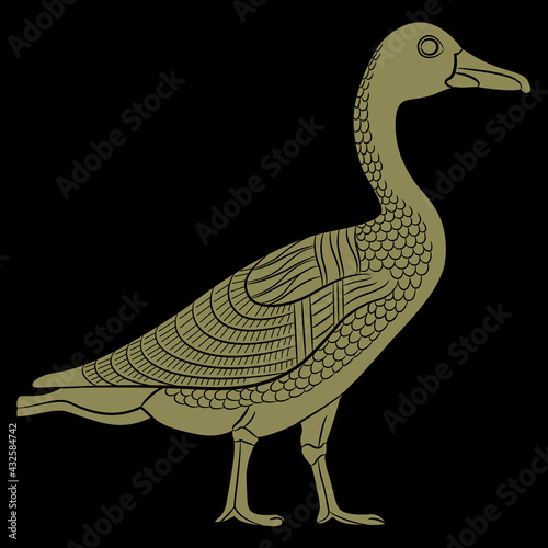 Goose or duck bird in profile. Monochrome black and gold silhouette. Ancient Egyptian animal design.
