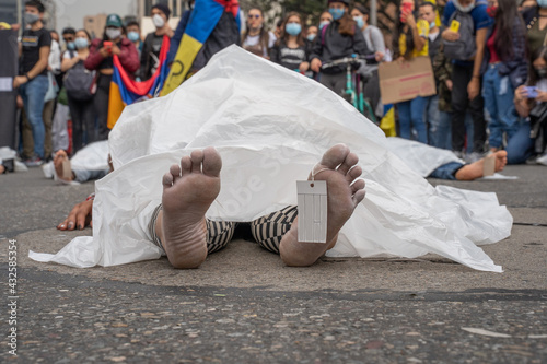 Bogota, Colombia,  May 8, 2021 demonstration against government reforms and police violence photo