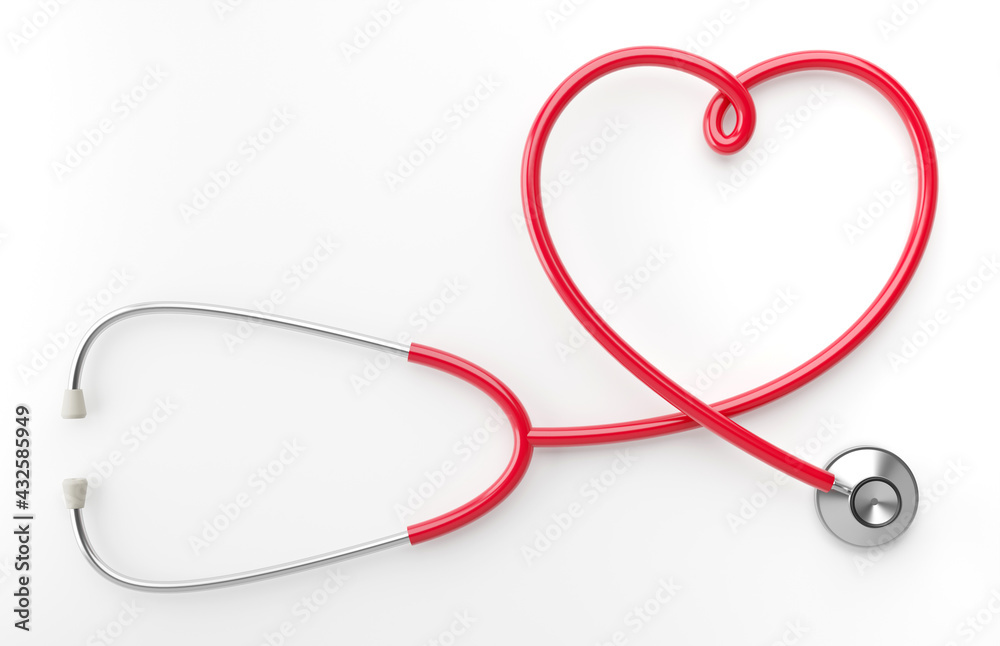 3D illustration Red stethoscope in shape of heart, isolated on white background 3D illustration Red stethoscope in shape of heart, isolated on white background