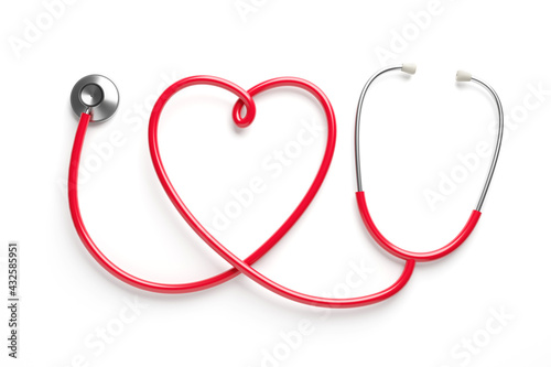 3D illustration Red stethoscope in shape of heart ,I love you sign isolated on white background