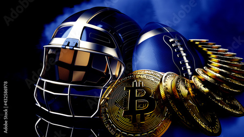 Virtual cryptocurrency money Bitcoin with Black-Gold American Foot Ball and Helmet. Blockchain network technology concept illustration. 3D CG. 3D high quality rendering. 3D illustration.