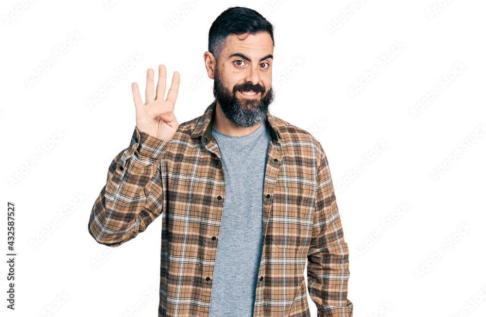 Hispanic man with beard wearing casual shirt showing and pointing up with fingers number four while smiling confident and happy. Hispanic man with beard wearing casual shirt showing and pointing up with fingers number four while smiling confident and happy.