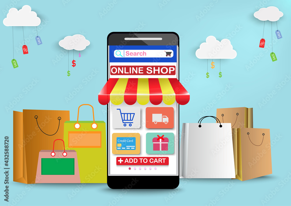 Digital marketing on app smart phone or Website.Mobile application,package,delivery,Vector concept marketing and Shopping online. Digital marketing on app smart phone or Website.Mobile application,package,delivery,Vector concept marketing and Shopping online.
