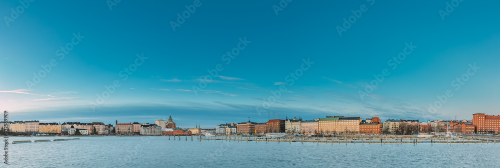 Helsinki, Finland. Panoramic View Of Kanavaranta Street And Uspenski Cathedral And Pohjoisranta Street In Winter Day