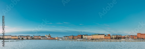 Helsinki, Finland. Panoramic View Of Kanavaranta Street And Uspenski Cathedral And Pohjoisranta Street In Winter Day