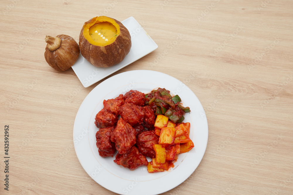 top  view  of  sweet and sour stir-fry pork ribs  dishes  on  table