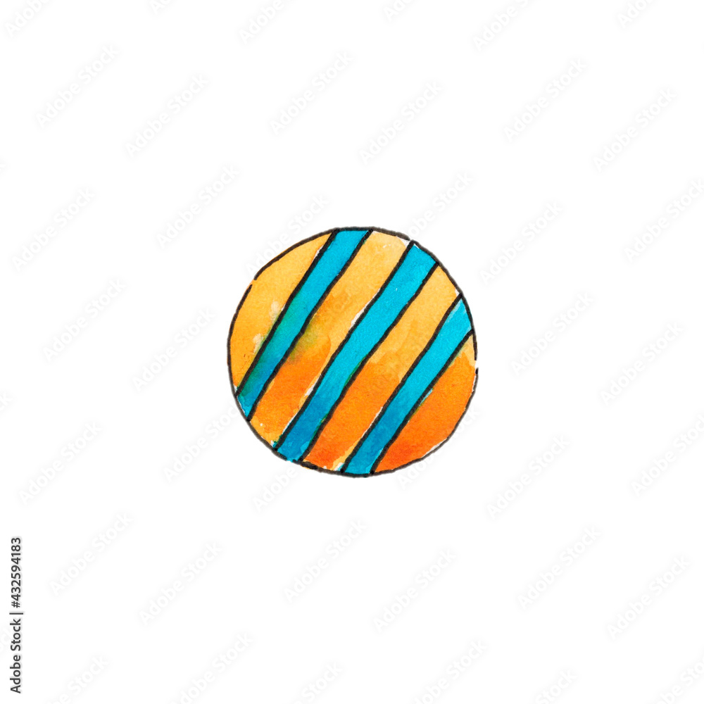 A golf ball, isolated on a white background. Turquoise and yellow color. The illustration is hand-drawn with watercolor.