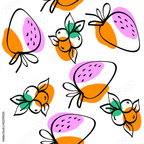 Pink and Green Strawberry Vector White Seamless Pattern. Cartoon Berry Background. Color Blueberry Drawing Illustration.