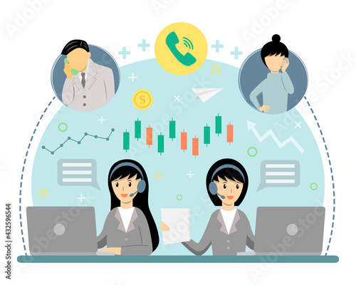 Call center women speaking with customers giving them information about finance and investment. team call center, customer service, hotline,it support, broker agent, help and support concept