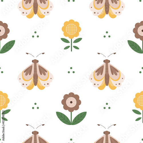 Fototapeta Naklejka Na Ścianę i Meble -  Seamless pattern with butterflies and folk flowers. Great for fabric, textile. Vector Illustration