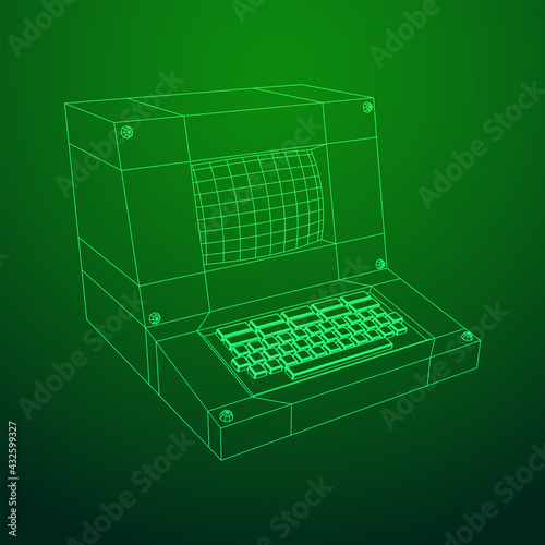 Classic retro perconal computer. Programming code concept. Wireframe low poly mesh vector illustration