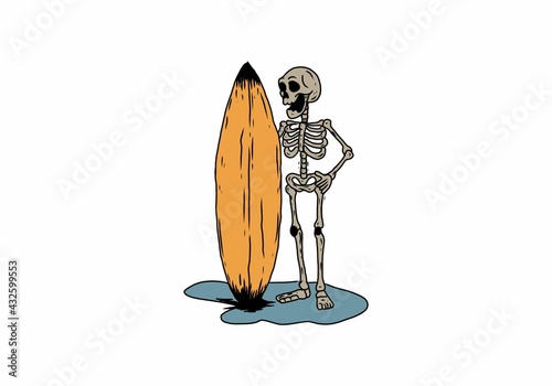 Photography Illustration drawing of surfing skeleton