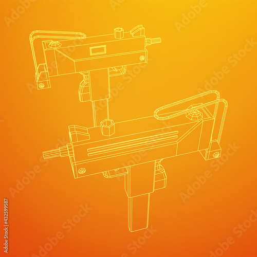 Submachine gun modern firearms pistol. Wireframe low poly mesh vector illustration.