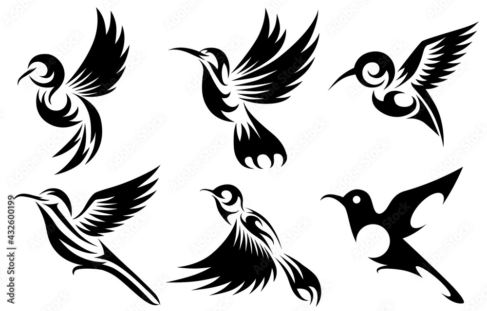 Line art Vector illustration six image set of flying hummingbirds. Suitable for making logos. Line art Vector illustration six image set of flying hummingbirds. Suitable for making logos.