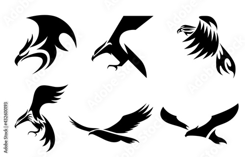 Set of six line art vector logo of eagle. Can be used as a logo Or decorative items..