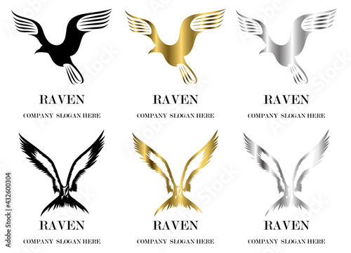 Set of six vector images of various reven flying symbol There are three colors black gold silver Good use for symbol mascot icon avatar and logo photo