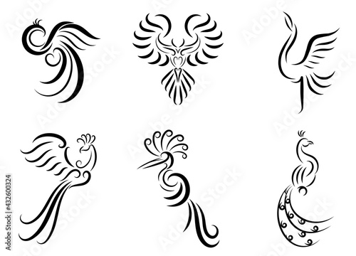 Set of six line art vector images of various beautiful birds such as pheasant peacock crane Phoenix and eagle Good use for symbol mascot icon avatar and logo