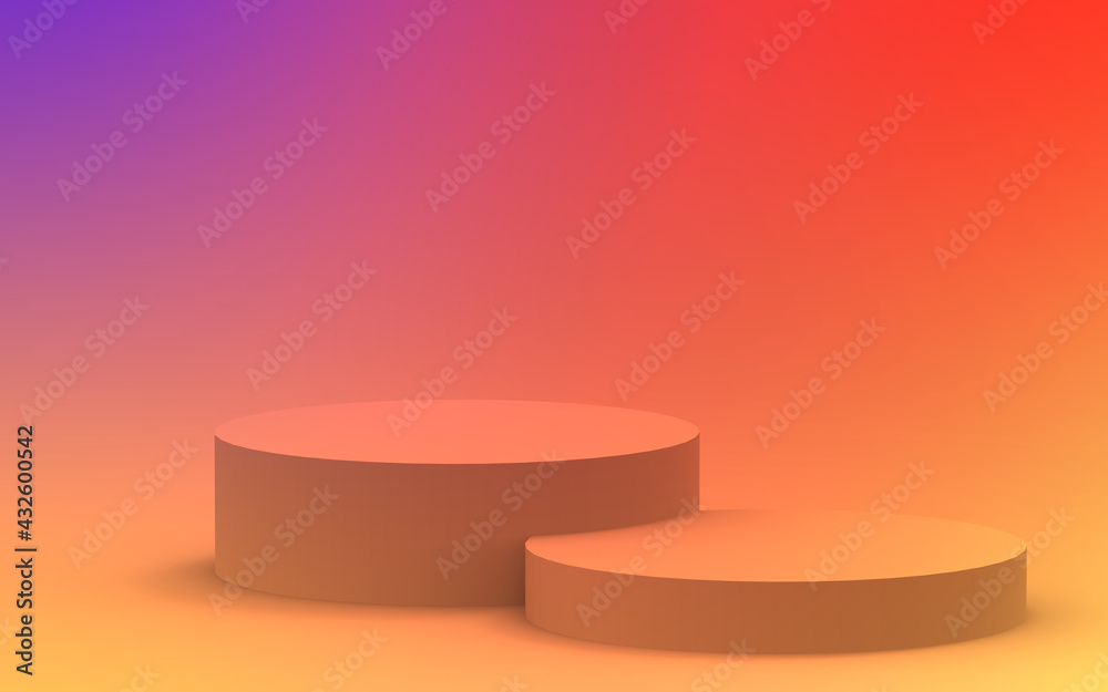 3d yellow orange and purple neon light cylinder podium minimal studio gradient colors background. Abstract 3d geometric shape object illustration render. Display for summer holiday product. 3d yellow orange and purple neon light cylinder podium minimal studio gradient colors background. Abstract 3d geometric shape object illustration render. Display for summer holiday product.
