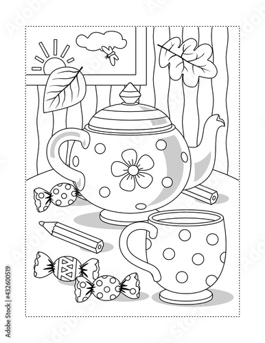 Coloring page with cup of tea, teapot, candy, table, pencils, falling leaves
