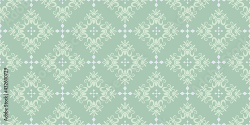 Background pattern with floral ornament on a green background. Victorian style wallpaper. Seamless pattern, texture. Vector graphics