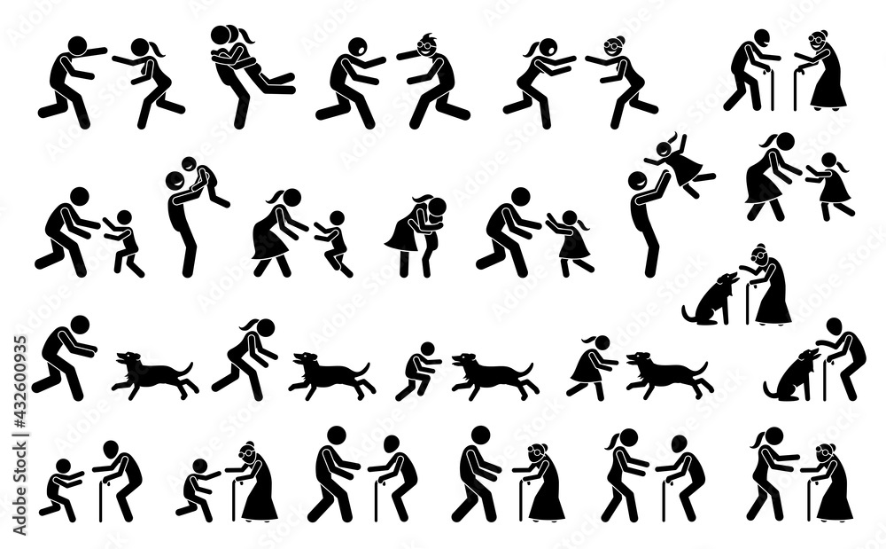 People running toward each other to hug after missing for a long time. Vector illustrations depict boyfriend, girlfriend, father, mother, child, grandfather, grandmother, friends, and dog meeting. People running toward each other to hug after missing for a long time. Vector illustrations depict boyfriend, girlfriend, father, mother, child, grandfather, grandmother, friends, and dog meeting.