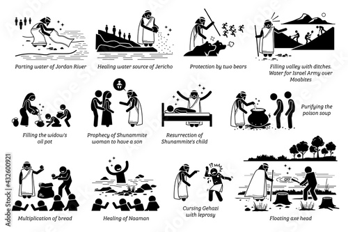 Miracles by prophet Elisha in Christian bible biblical God story from the Old Testament. Vector illustrations list of miracles done by prophet Elisha part 1 of 2. photo
